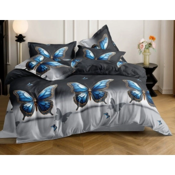 Pościel 160x200 bawełna satynowa Szara niebieskie motyle PK600